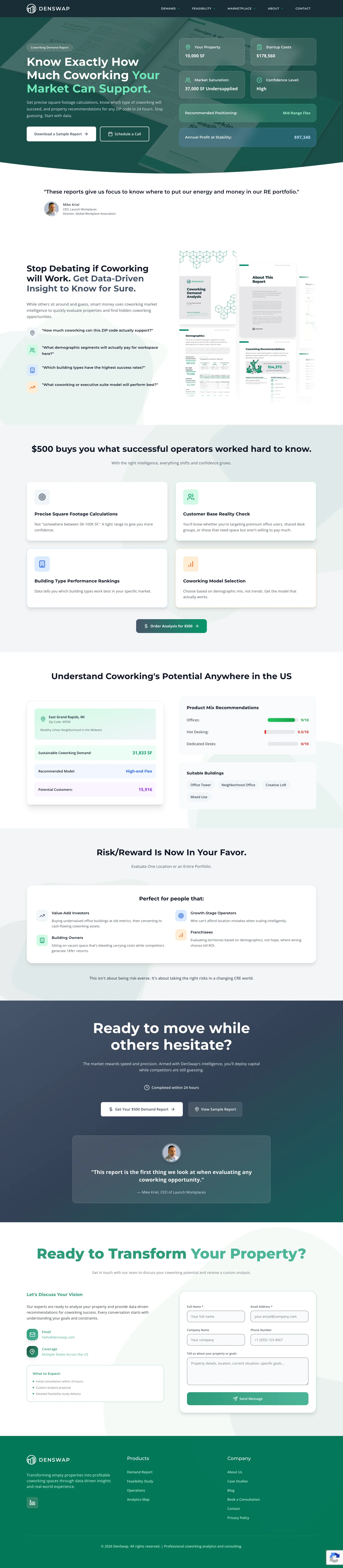 DenSwap demand report page with market analysis, recommendations, and report ordering.