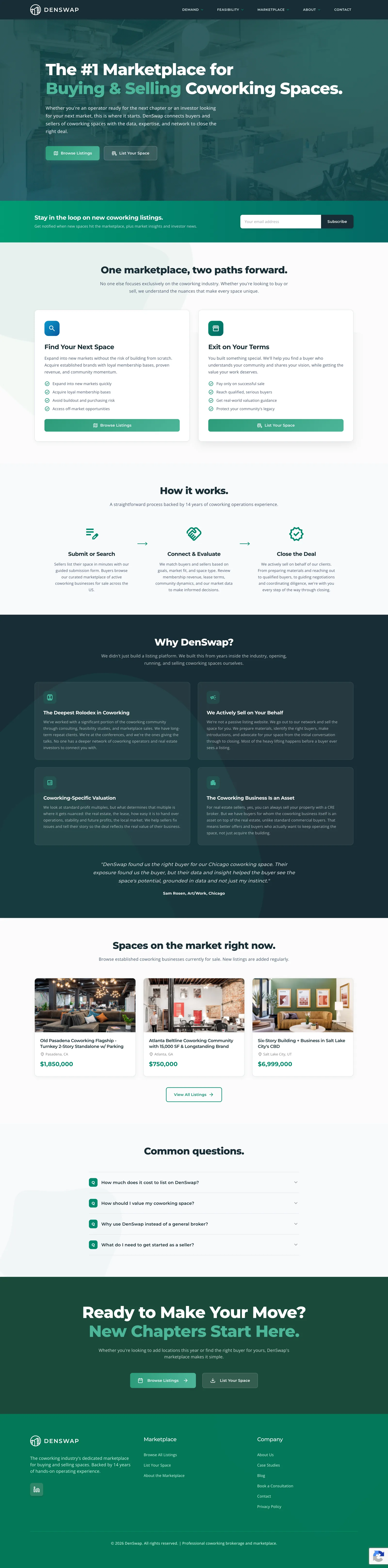 DenSwap coworking marketplace overview, buyer and seller journeys, and available spaces.