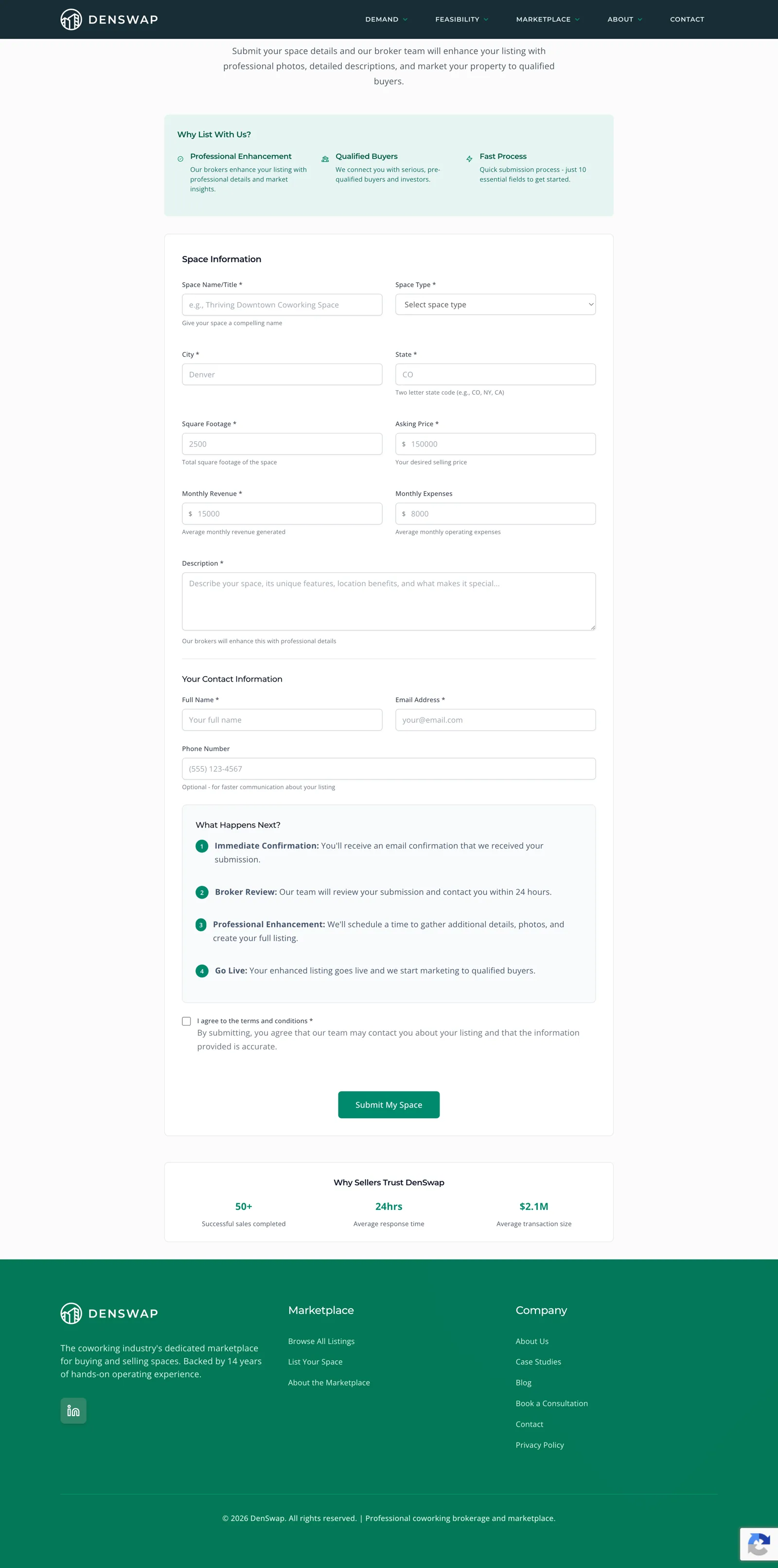 DenSwap seller submission form for space details, financial information, and contact details.